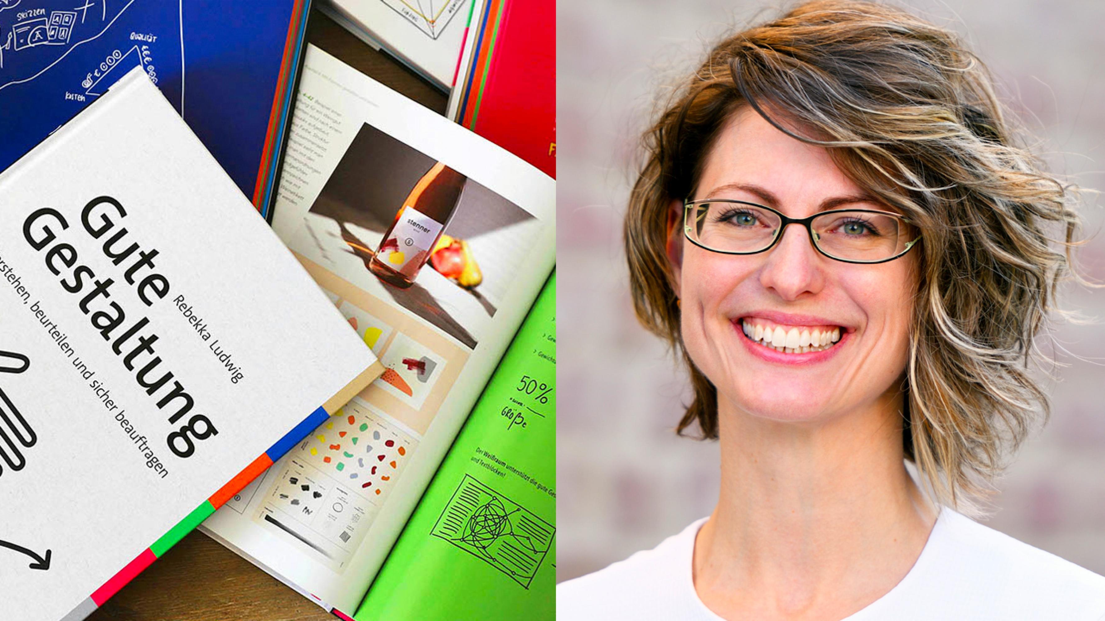 Portrait Rebekka Ludwig, lachend mit im Wind wehenden Haaren. Daneben das Buch aufgeschlagen.