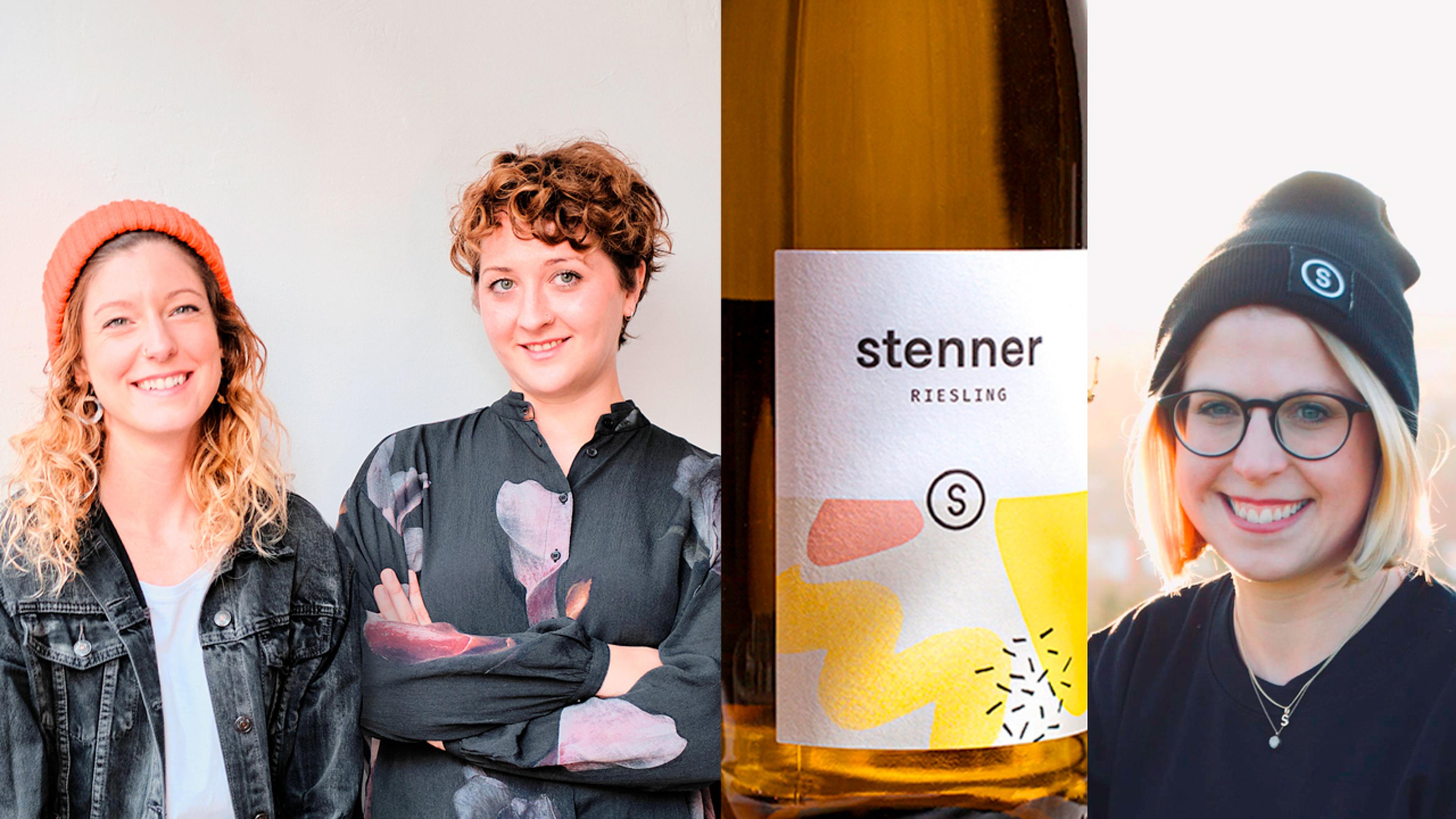 Agentur alma: Alice Schaffner und Marie-Niamh Dowling neben einer Weinflasche mit dem von ihnen entwickelten Etikett für das Weingut Stenner. Daneben Malenka Stenner