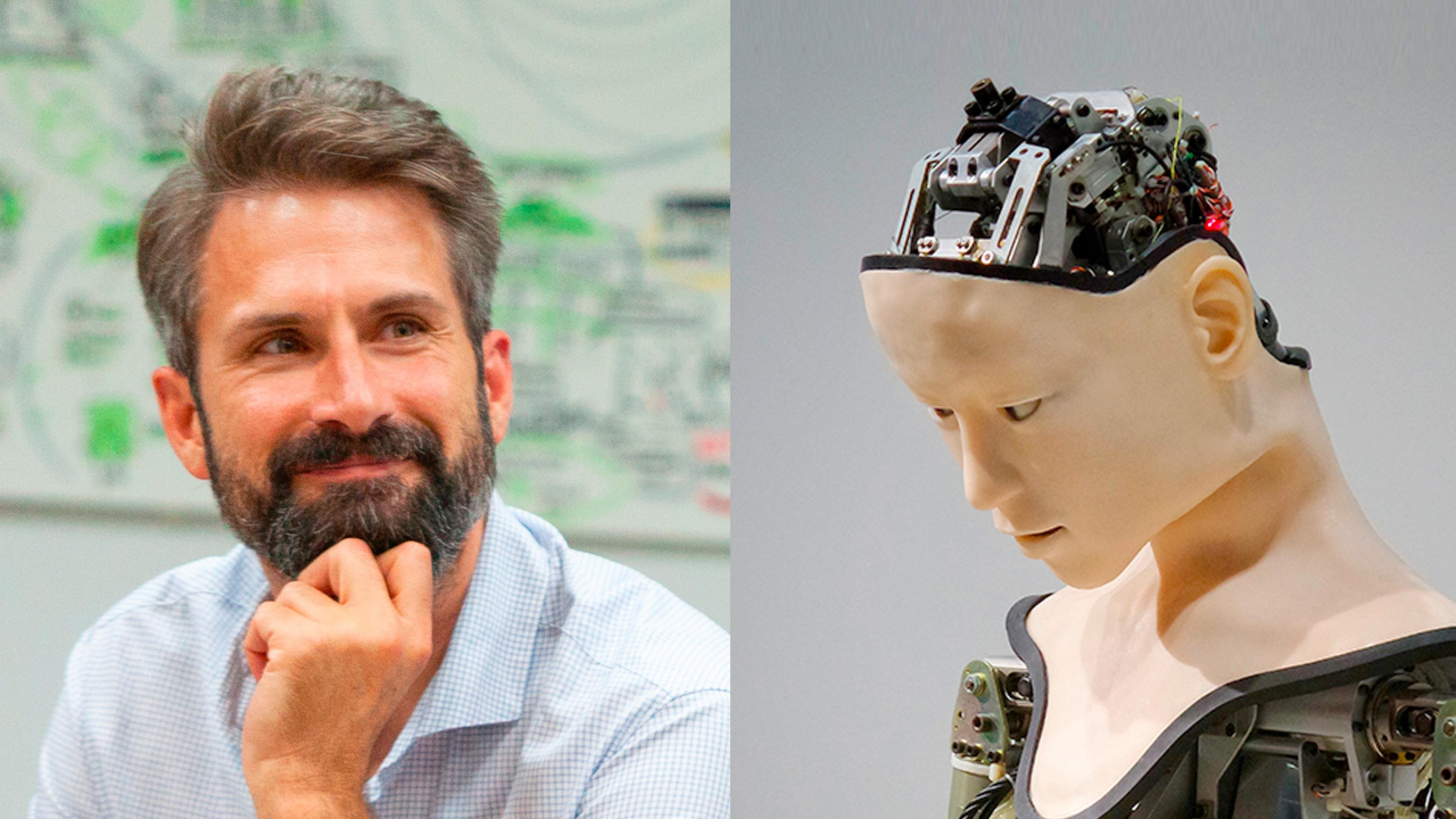Porträt Tom Klose, daneben Foto eines humanoiden Roboters mit geöffneter Schädeldecke in der Mechanik sichtbar ist.