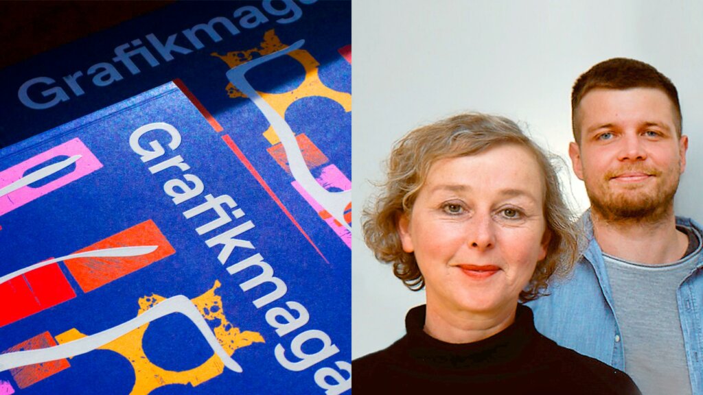 Grafikmagazin Titel der Erstausgabe, daneben Porträts Christiane Moosmann und Tobias Holzmann