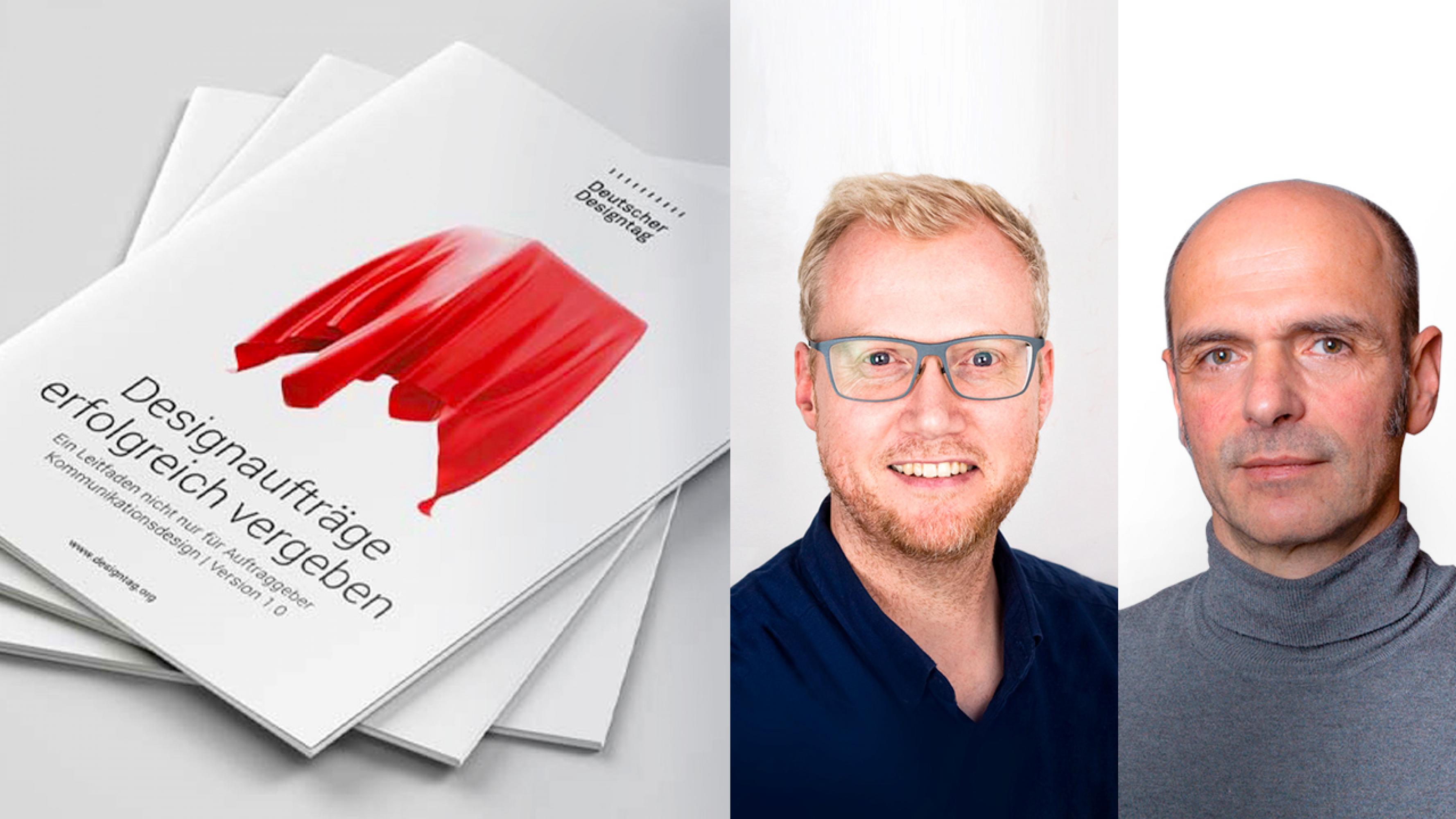 Stapel Broschüren „Designaufträge erfolgreich vergeben“. Daneben Porträts von Christian Büning und Thomas Bender