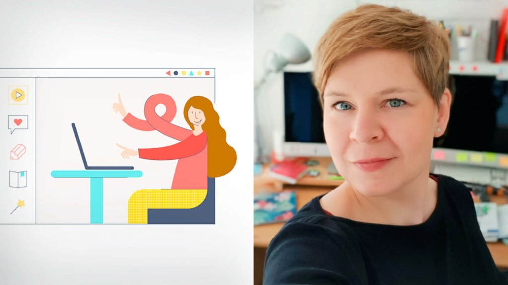 Illustration einer lächelnden Frau am Schreibtisch, ihr Arm macht einen Kringel in die Luft. Daneben Porträt von Gudrun Wegener am Arbeitsplatz