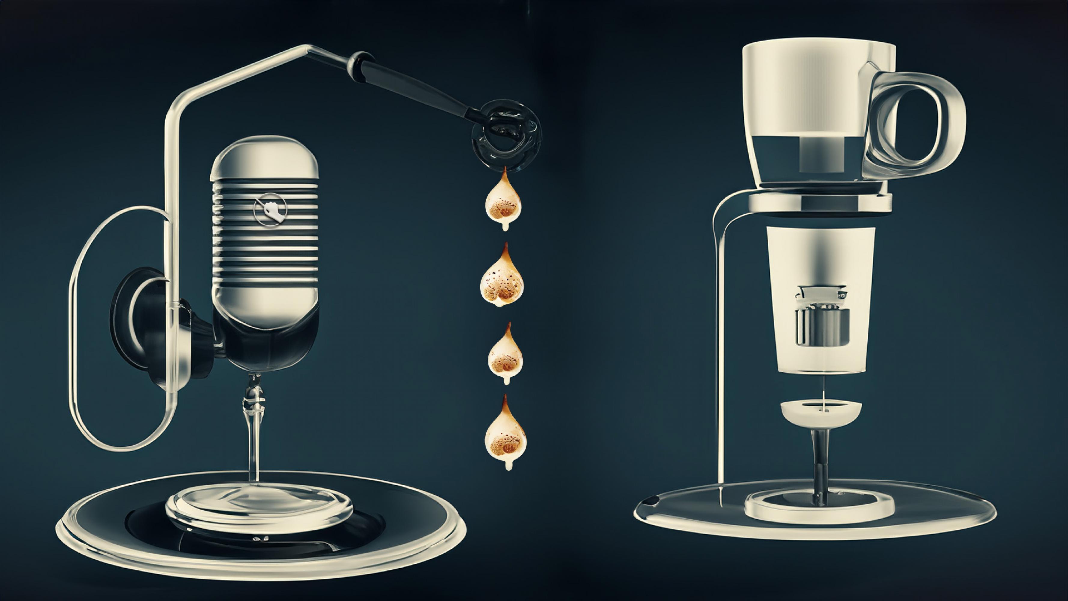 Eine absurde Maschine aus Mikrofonen, die versucht, Kaffee zu kochen. Bild mit KI generiert und fehlerhaft.
