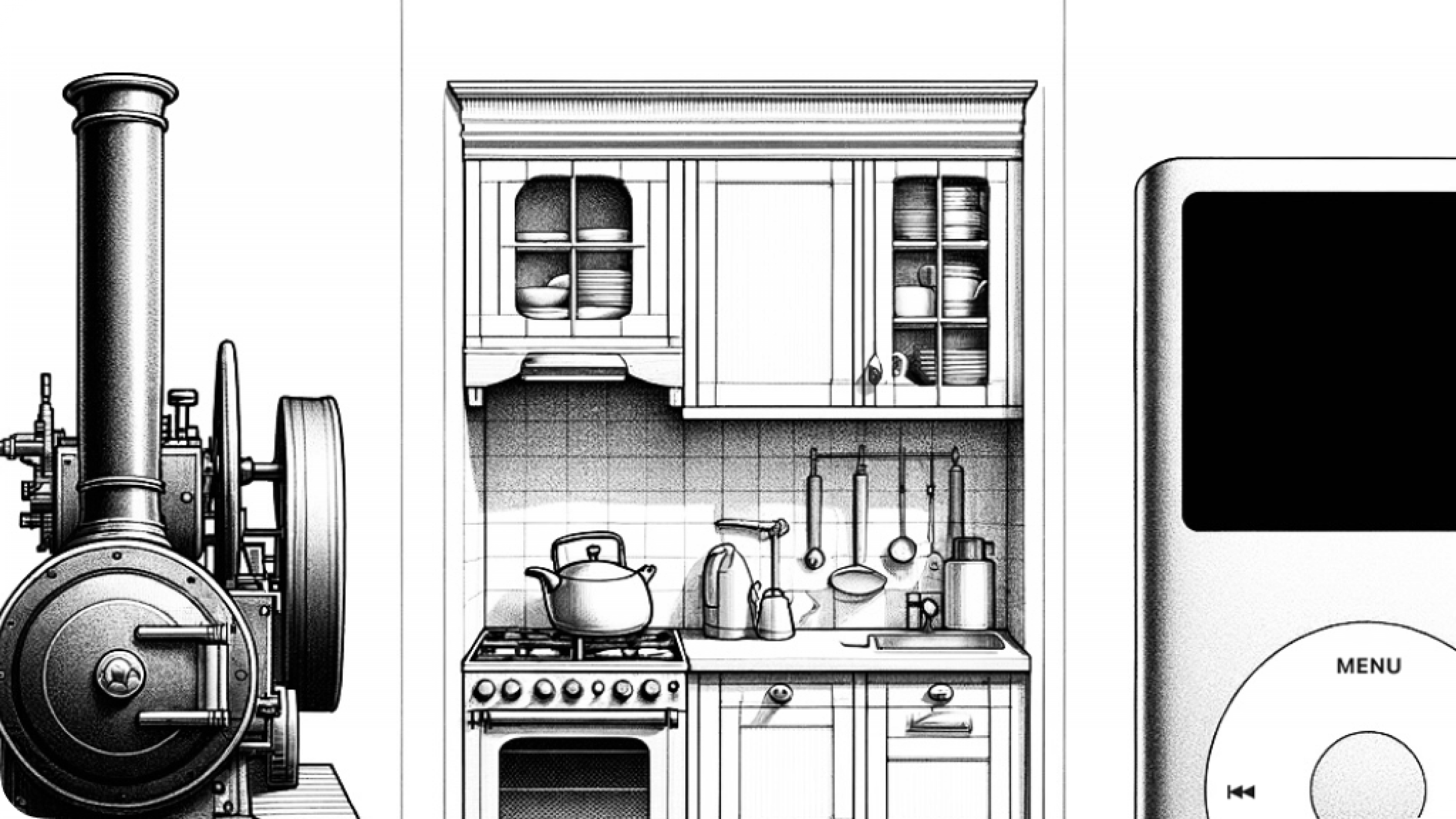 Eine Dampfmaschine, eine Küche, ein iPod in schwarz-weiß/gezeichnetem Stil