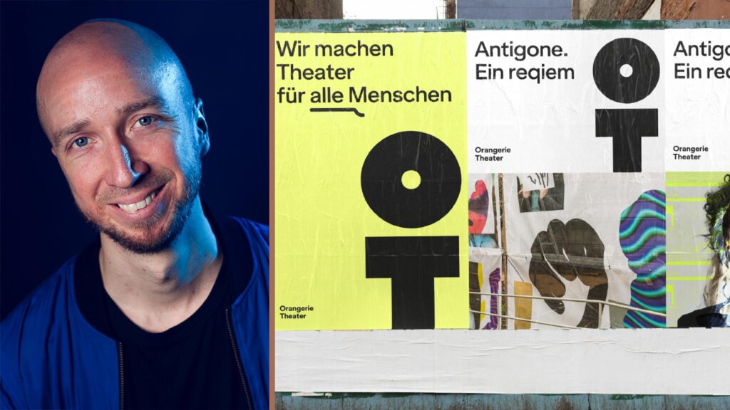 Porträt Felix Boße. Daneben Plakate des Orangerie-Theaters an einem Bauzaun geklebt.