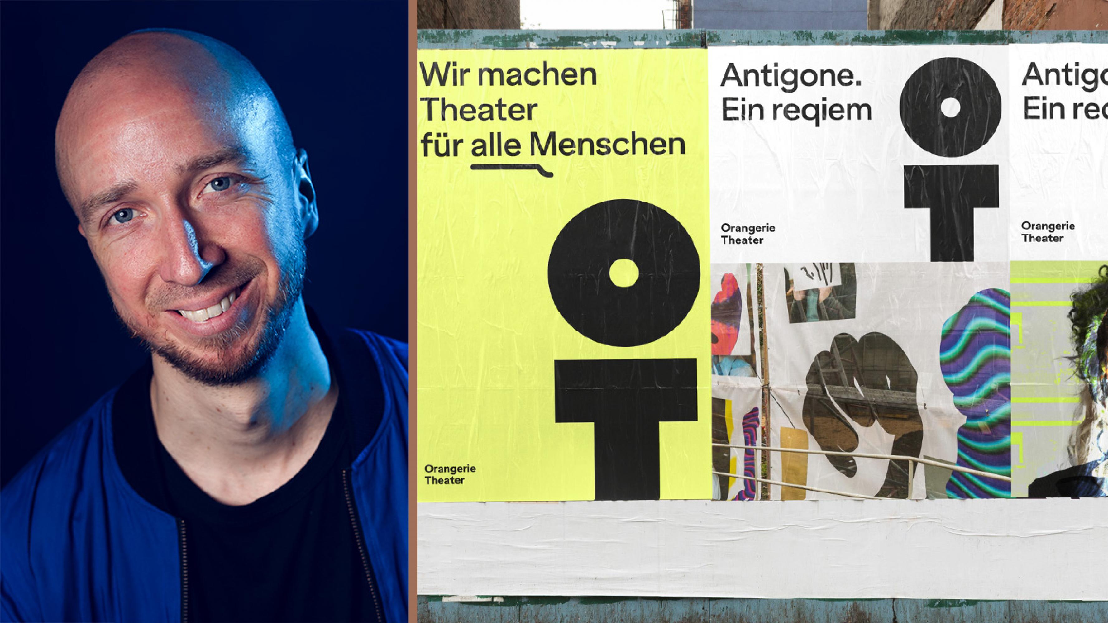 Porträt Felix Boße. Daneben Plakate des Orangerie-Theaters an einem Bauzaun geklebt.