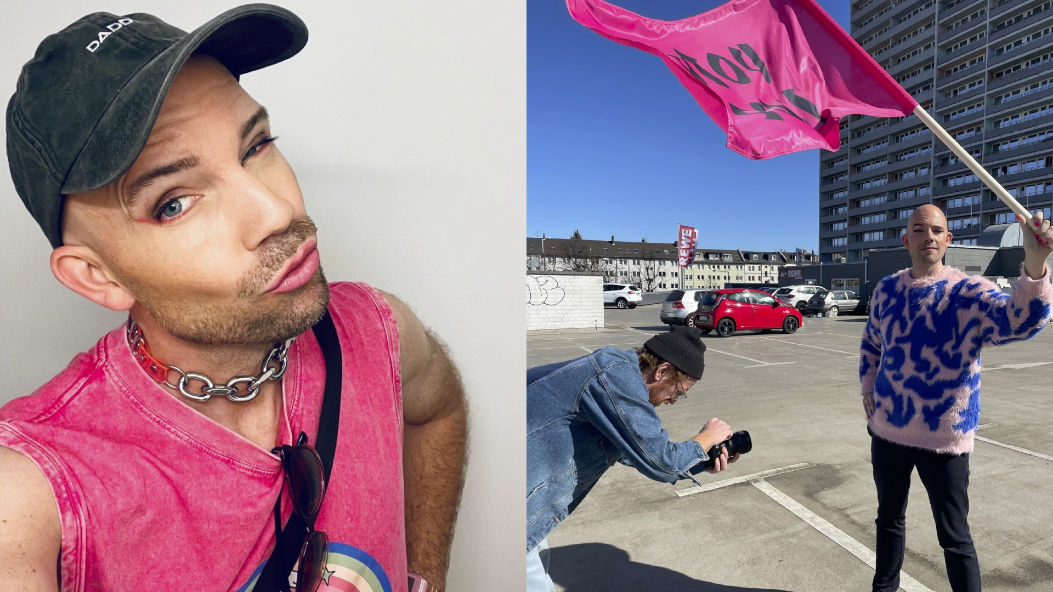 Bildcollage aus zwei Fotos. Links: Selfie von Pink mit schwarzer Cap, roten Augen-Make-up-Akzenten, Stoppelbart und pinkem Trägerhemd mit silberner Kettenhalskette. Rechts: Pink steht auf einem Parkplatz vor einem Hochhaus und schwenkt eine pinke Fahne mit schwarzer Schrift, während eine zweite Person Pink fotografiert.